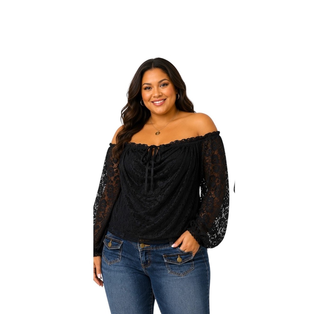 Davina Womens Black Floral Lace Off Shoulder Blouse Lined Long Sleeve Top Large